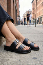Double Strap Oversized Buckle Flat Sandals In Black