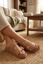 Double Strap Oversized Buckle Flat Sandals In Khaki