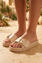 Beige Platform Summer Slides With Buckle Detail