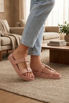 Women’s Pink Slide Sandals Platform Mules with Gold Buckle