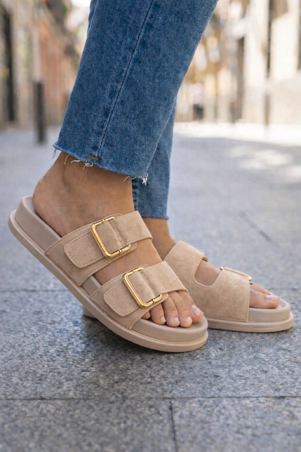 Women's Beige Faux Suede Double Buckle Slide Sandals