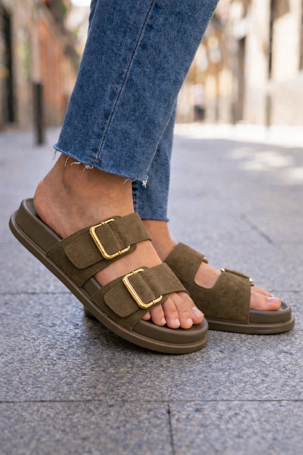 Women's Green Faux Suede Double Buckle Slide Sandals