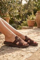 Women’s Brown Platform Sliders with Gold Bit Detail