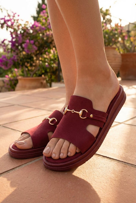 Women’s Burgundy Platform Sliders with Gold Bit Detail