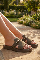 Women’s Green Platform Sliders with Gold Bit Detail