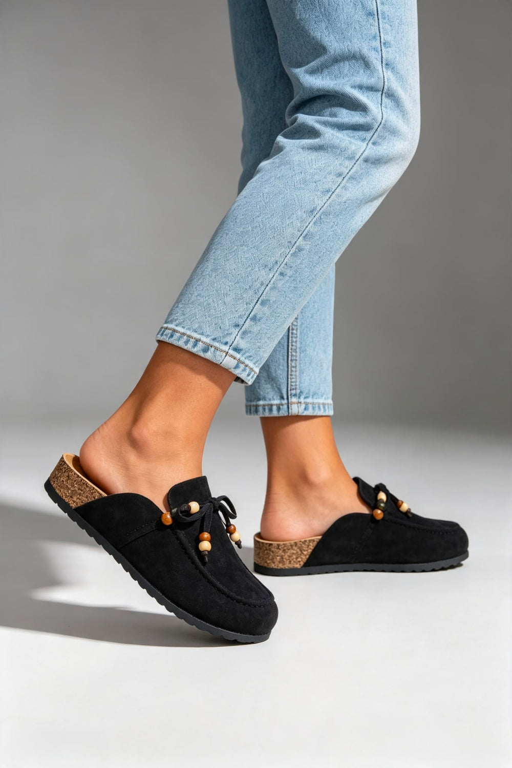 Women's Beaded Clogs Black Faux Suede Slip-On Footbed Mules