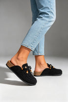 Women's Beaded Clogs Black Faux Suede Slip-On Footbed Mules