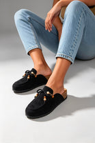 Women's Beaded Clogs Black Faux Suede Slip-On Footbed Mules