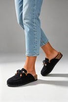 Women's Beaded Clogs Black Faux Suede Slip-On Footbed Mules
