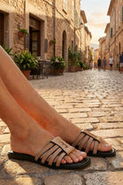 Khaki Strappy Flat Open Toe Summer Mules