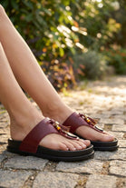 Wholesale Burgundy Faux Leather Sandals with Tassel Detail