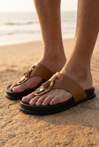 Wholesale Khaki Faux Leather Sandals with Tassel Detail