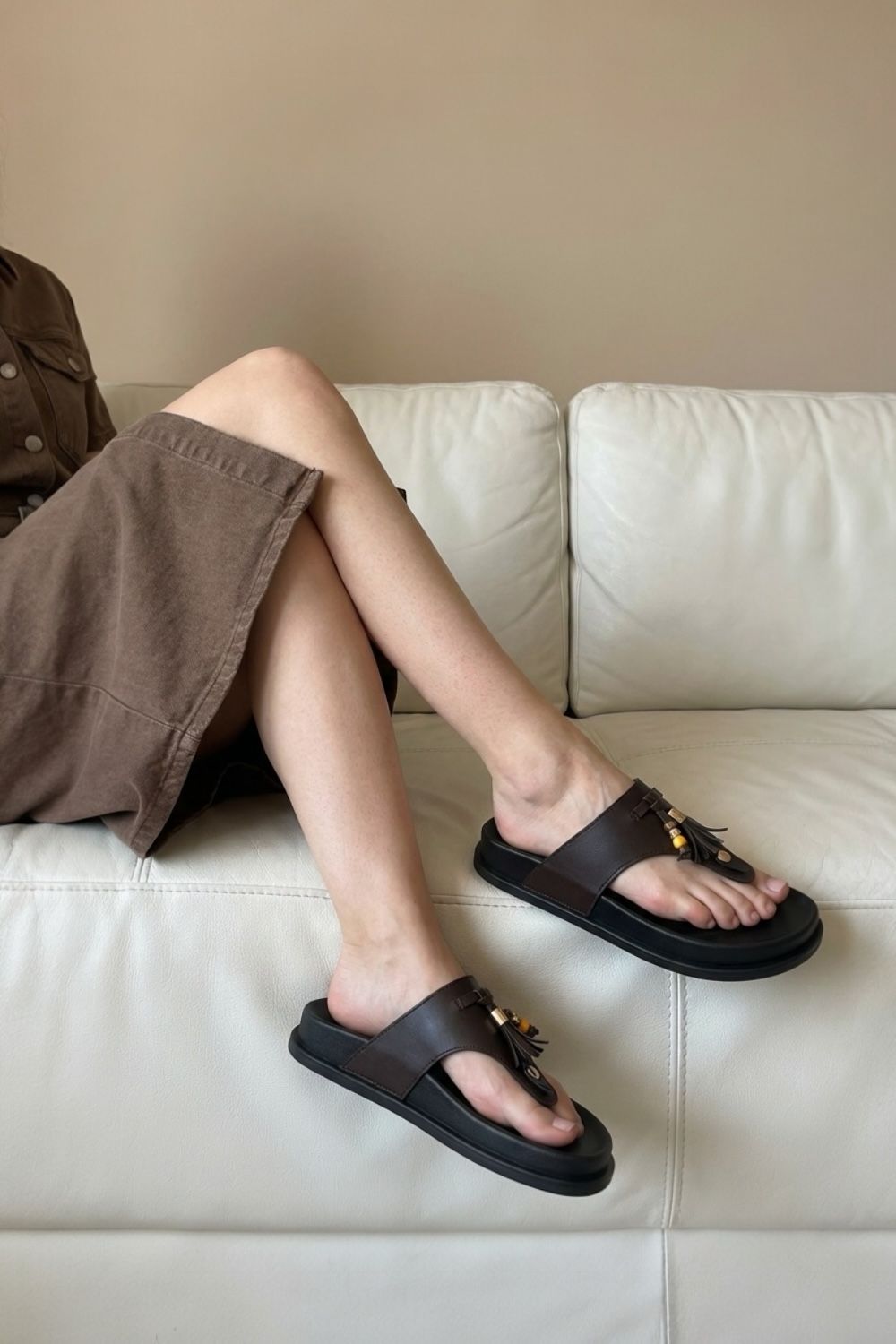 Wholesale Brown Faux Leather Sandals with Tassel Detail