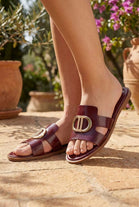 Burgundy Flat Slides with Metallic Accent  | Wholesale Luxury Footwear