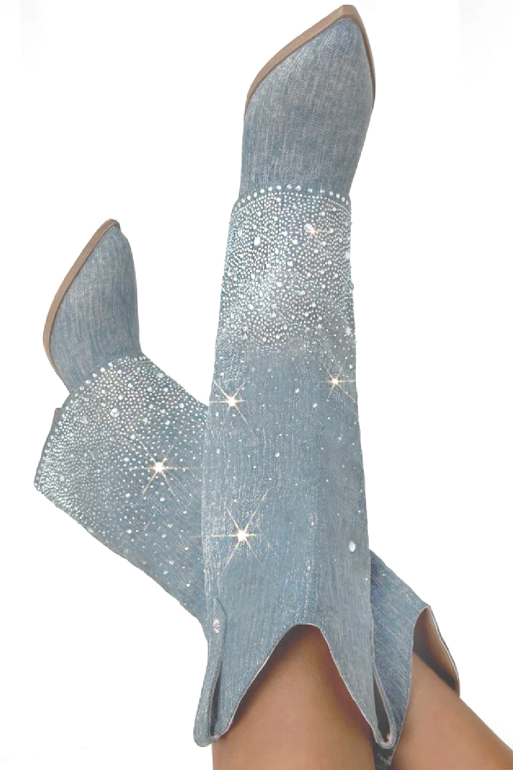 LIGHT BLUE DENIM BLOCK HEEL KNEE HIGH SPARKLE SHARK COWBOY BOOTS