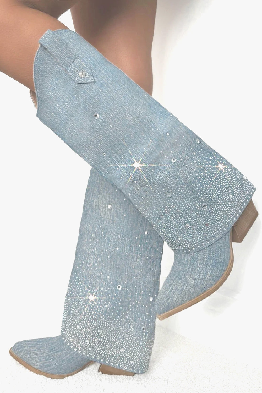 LIGHT BLUE DENIM BLOCK HEEL KNEE HIGH SPARKLE SHARK COWBOY BOOTS