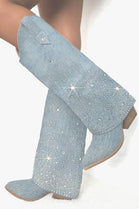 LIGHT BLUE DENIM BLOCK HEEL KNEE HIGH SPARKLE SHARK COWBOY BOOTS