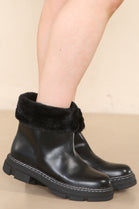 Black PU Low Blocked Fur Lined Chelsea Ankle Boots
