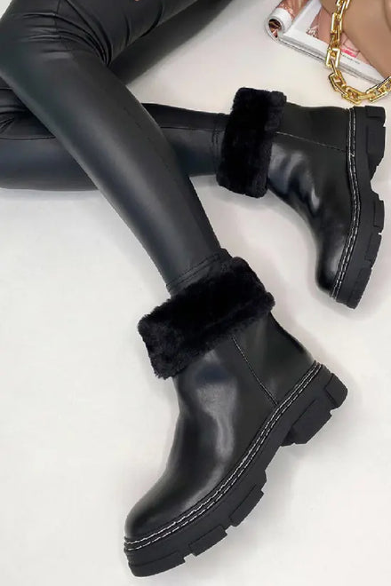 Black PU Low Blocked Fur Lined Chelsea Ankle Boots