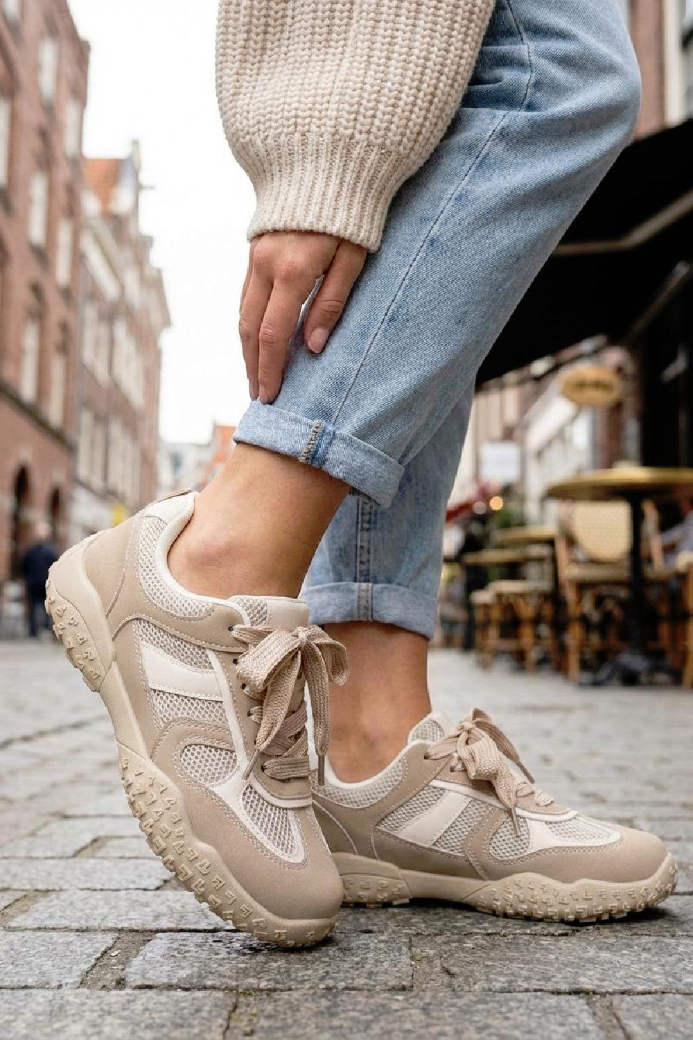 Women's Khaki Mesh Lace Up Chunky Trainers