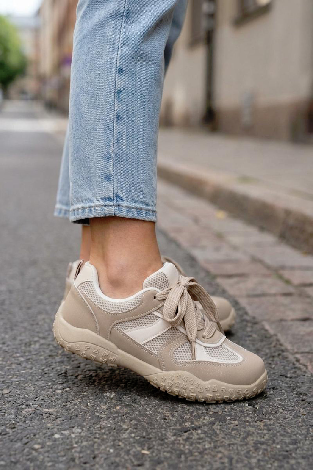 Women's Khaki Mesh Lace Up Chunky Trainers