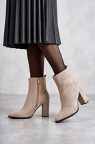 Wholesale Women's Faux Suede Pointed Toe High Block Heel Ankle Boots in Beige