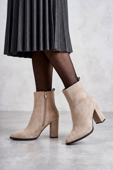 Wholesale Women's Faux Suede Pointed Toe High Block Heel Ankle Boots in Beige