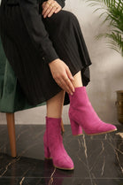Wholesale Women's Faux Suede Pointed Toe Block Heel Ankle Boots in Fuchsia Pink