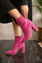 Wholesale Women's Faux Suede Pointed Toe Block Heel Ankle Boots in Fuchsia Pink