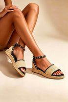 STUDDED RAFFIA CLOSED BACK ANKLE STRAP SANDALS IN BLACK