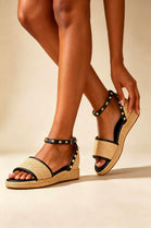 STUDDED RAFFIA CLOSED BACK ANKLE STRAP SANDALS IN BLACK