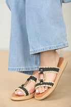 BLACK DESIGNER CONTRAST STITCH WOVEN RAFFIA LOW FLATFORM SANDALS