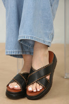 Black Chunky Double Cross Strap Slider Sandals With Stitch Detail