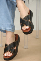 Black Chunky Double Cross Strap Slider Sandals With Stitch Detail