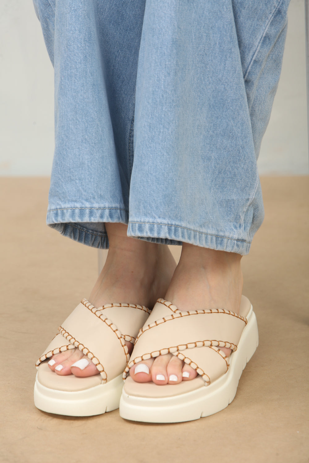 Cream Chunky Double Cross Strap Slider Sandals With Stitch Detail