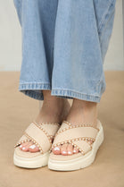 Cream Chunky Double Cross Strap Slider Sandals With Stitch Detail