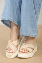 Cream Chunky Double Cross Strap Slider Sandals With Stitch Detail