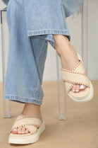 Cream Chunky Double Cross Strap Slider Sandals With Stitch Detail