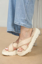 Cream Chunky Double Cross Strap Slider Sandals With Stitch Detail