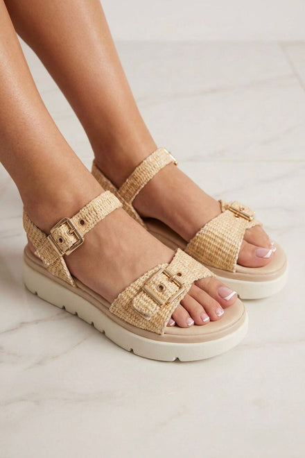 Buckle Detail Raffia Chunky Sandal In Beige