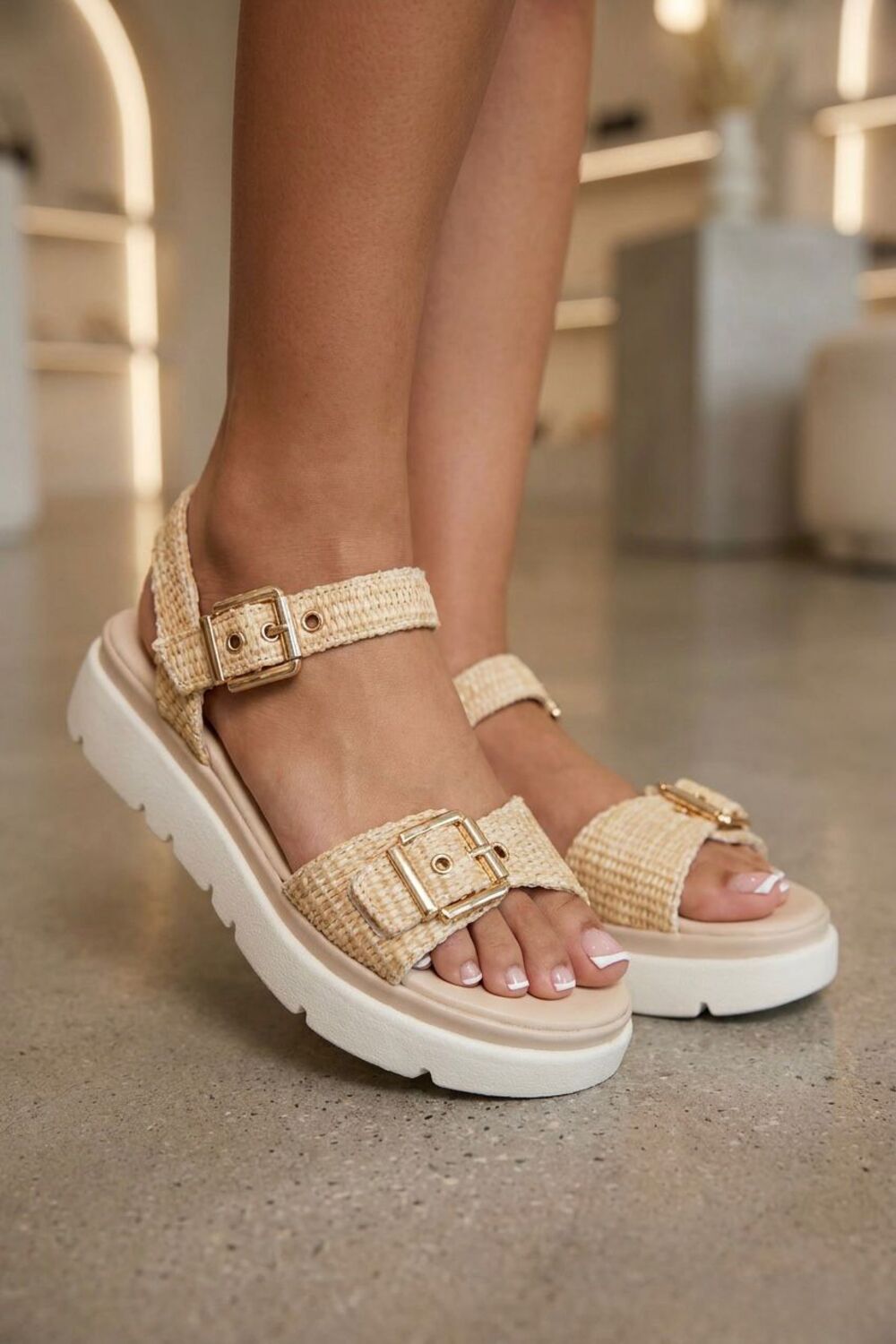 Buckle Detail Raffia Chunky Sandal In Beige