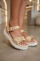 Buckle Detail Raffia Chunky Sandal In Beige