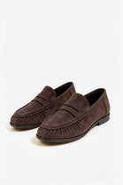Women's Dark Brown Suede Pleated Slip On Loafers