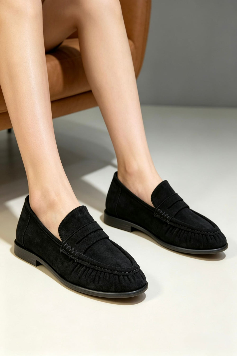 Women's Black Suede Pleated Slip On Loafers