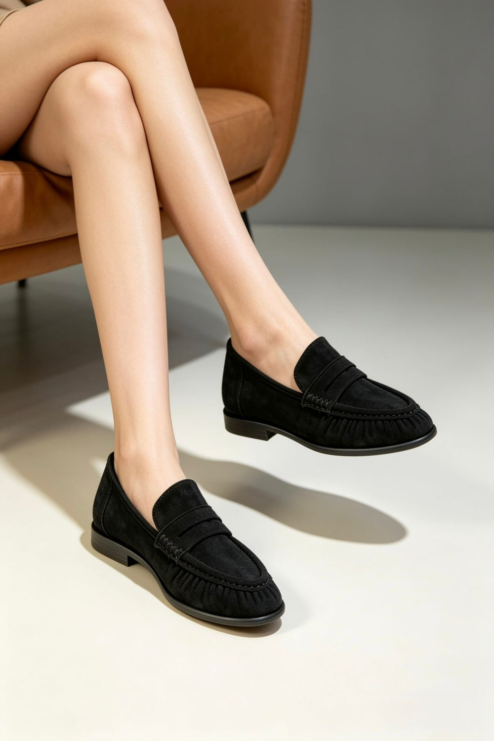 Women's Black Suede Pleated Slip On Loafers