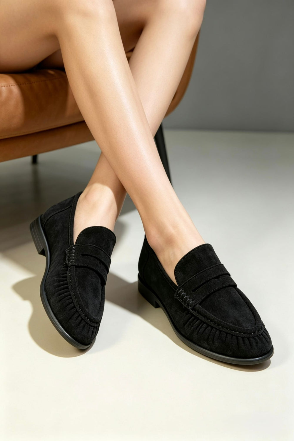Women's Black Suede Pleated Slip On Loafers