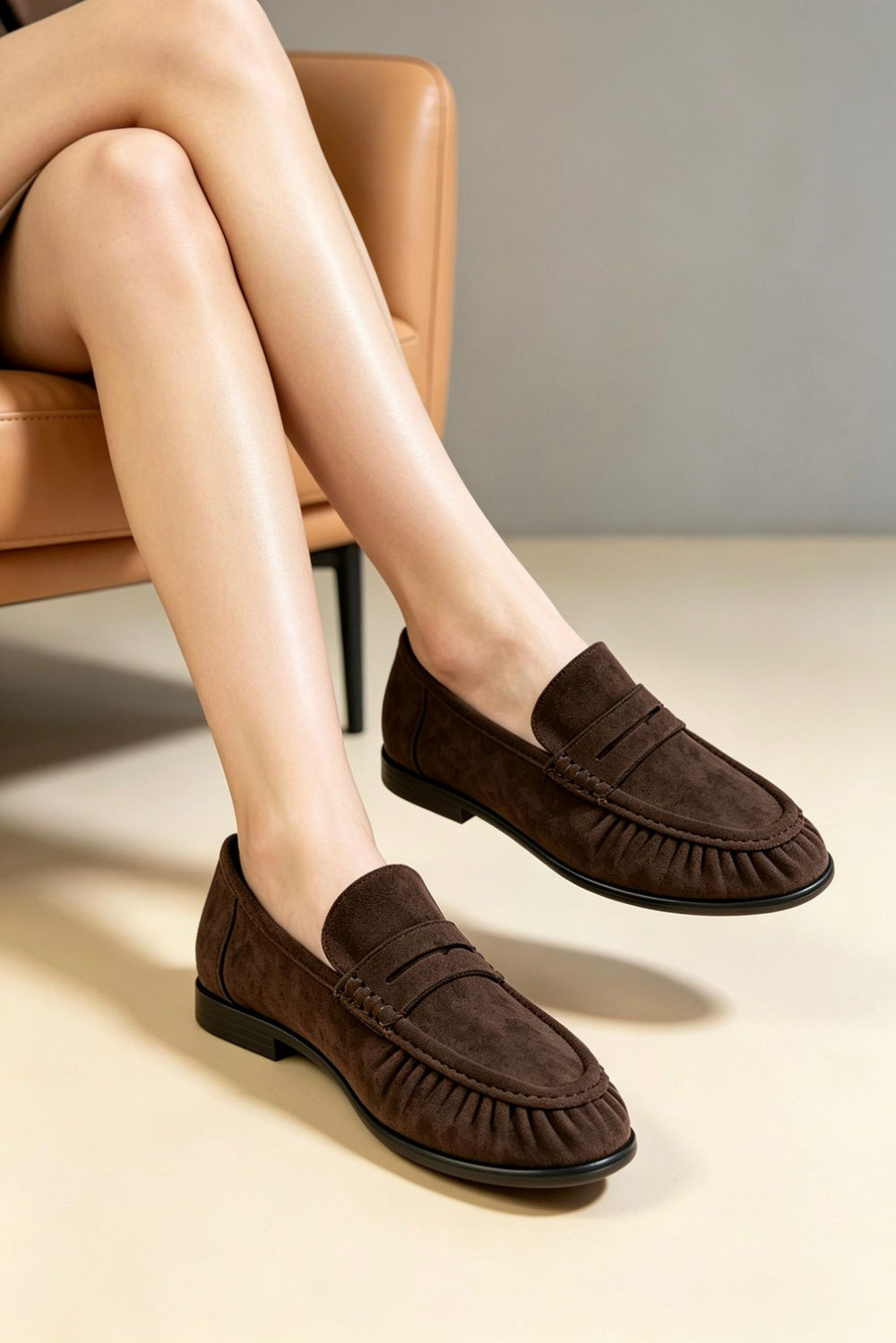 Women's Dark Brown Suede Pleated Slip On Loafers