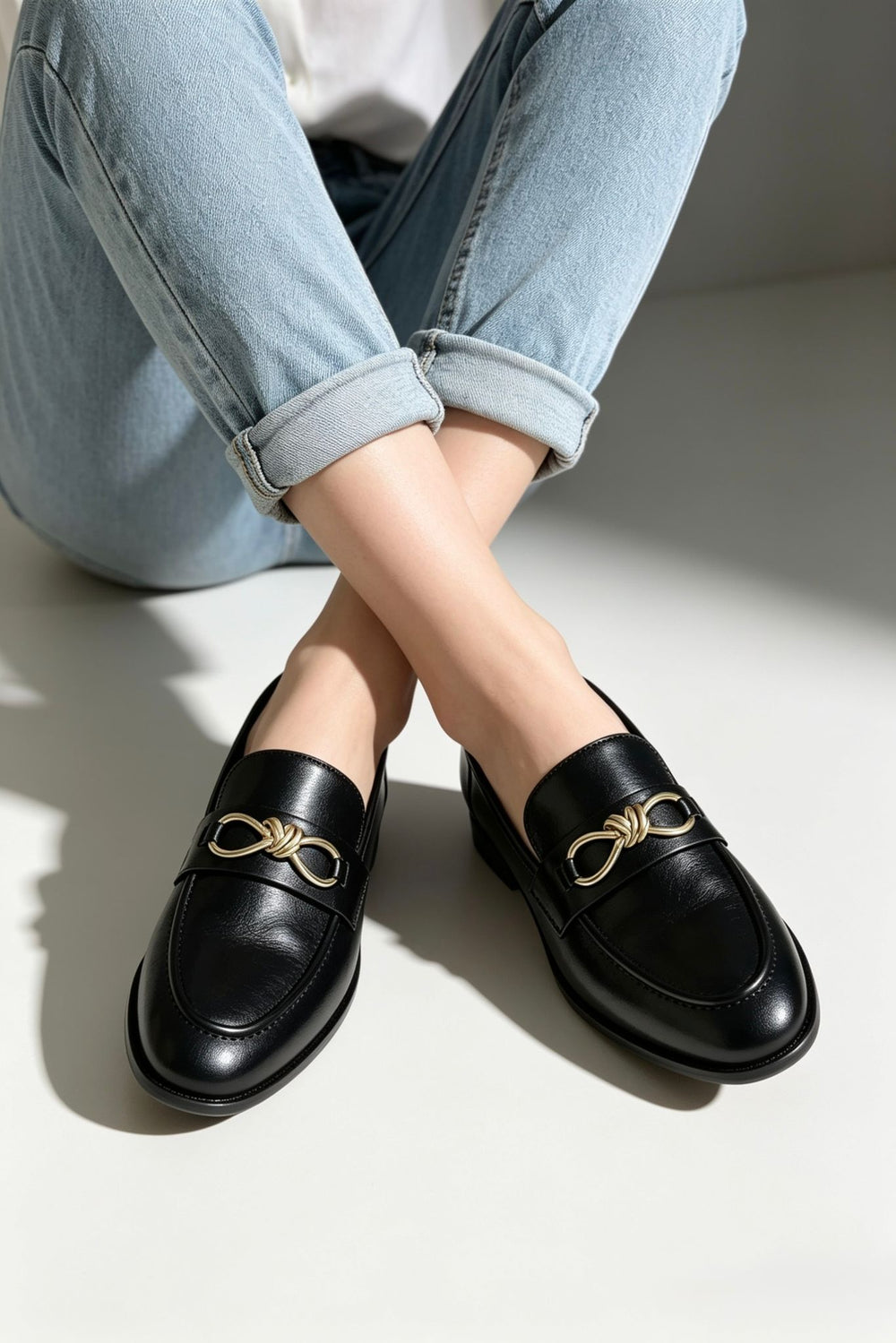 Black Faux Leather Loafers with Twisted Gold Bit Buckle