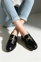 Black Faux Leather Loafers with Twisted Gold Bit Buckle