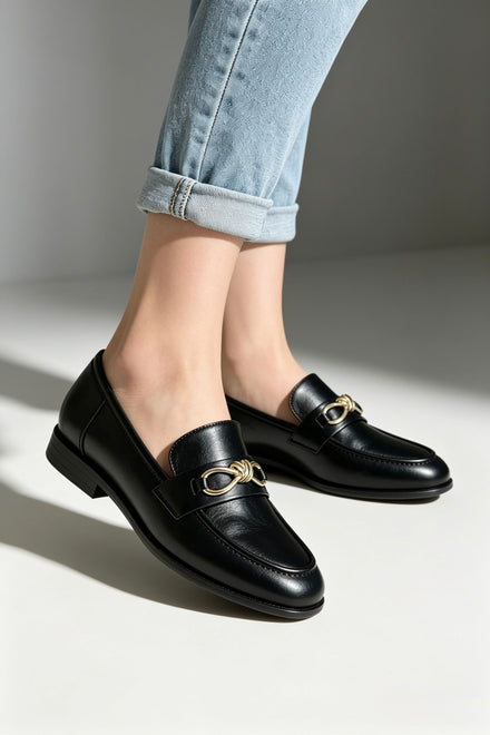 Black Faux Leather Loafers with Twisted Gold Bit Buckle